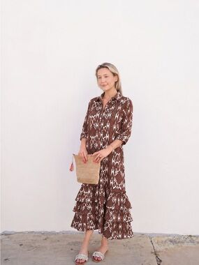Madison Mathews Brown & Cream Ikat Tiered Maxi Shirt Dress – XS